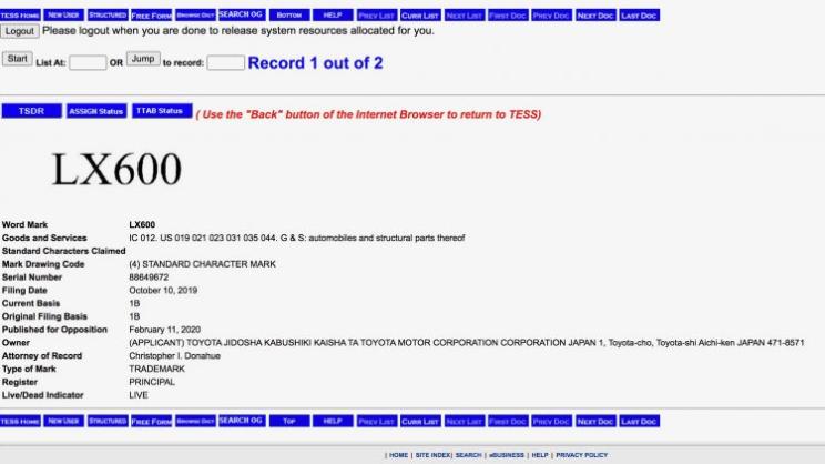 雷克薩斯將推新的頂級SUV車型，在兩國搶注LX600車型商標(biāo)