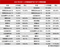 6月新能源汽車銷量TOP 15榜單，真是先胖不算胖？