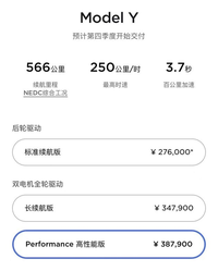 特斯拉中国Model Y性能版涨价1万元 售价38.79万元