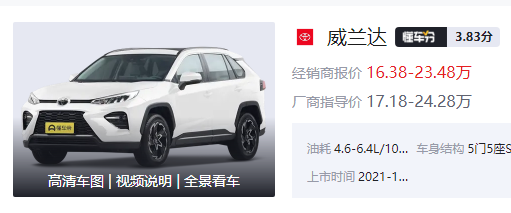 全系标配7气囊,油耗低至4.6L,广汽丰田威兰达怎么样?