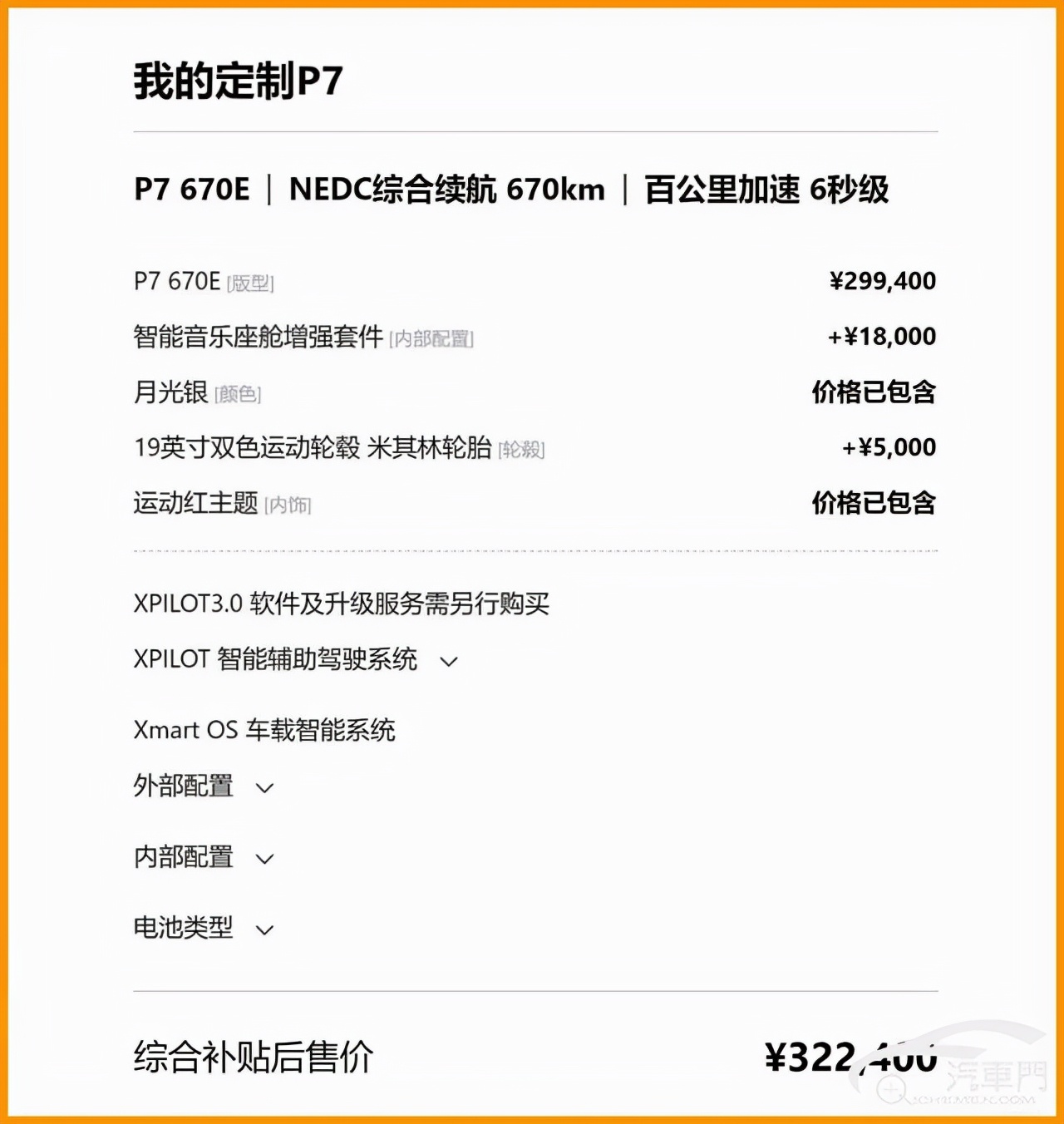 但从涉事订单来看,加装配置选装颜色后的小鹏p7,综合售价已经达到了