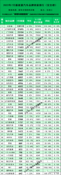 7月新能源汽車細(xì)分品牌終端銷量排行榜