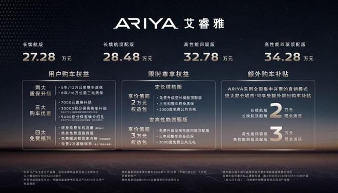 指导价27.28万元-34.28万元，东风日产Ariya艾睿雅上市