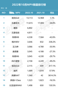 10月中國MPV市場銷量分析 五菱宏光銷量下滑嚴重
