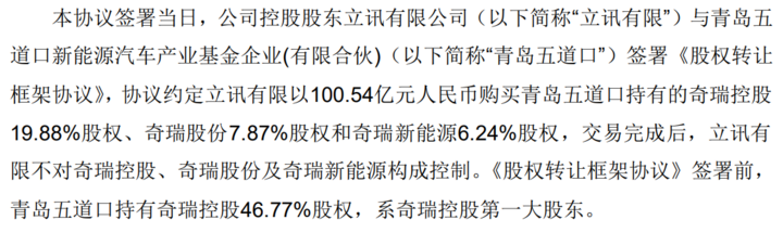 立讯精密投资100.54亿入股奇瑞 并成立合作子公司共同造车