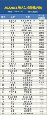 2022年3月国内汽车销量排行