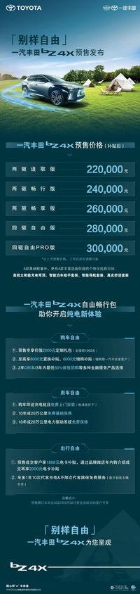 豐田電動(dòng)車bZ4X發(fā)布預(yù)售價(jià)格22萬(wàn)起