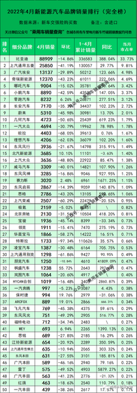 2022年4月新能源汽車細(xì)分品牌銷量排行榜