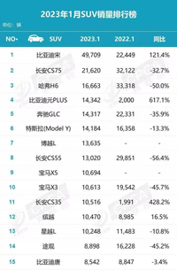 1月SUV销量排行榜比亚迪宋再夺冠，日系几乎全部出局