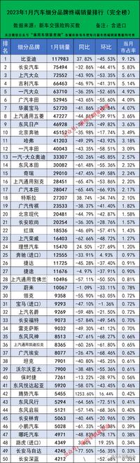 2023年1月汽车细分品牌上险量排行榜