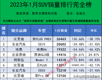 2023年1月汽車終端銷量排行/總計913個車型（含進口）