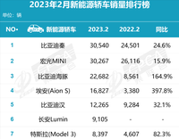 2月新能源轿车销量：秦回归榜首，汉增长乏力，宝马i3继续下滑