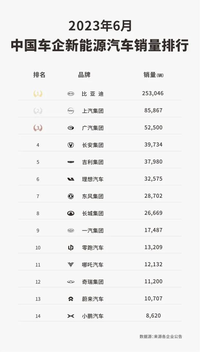 6月销售8.6万辆新能源汽车，上汽集团稳居中国车企第二