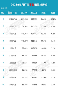 6月汽车厂商销量排名出炉，自主品牌依旧抢眼，特斯拉出现下滑