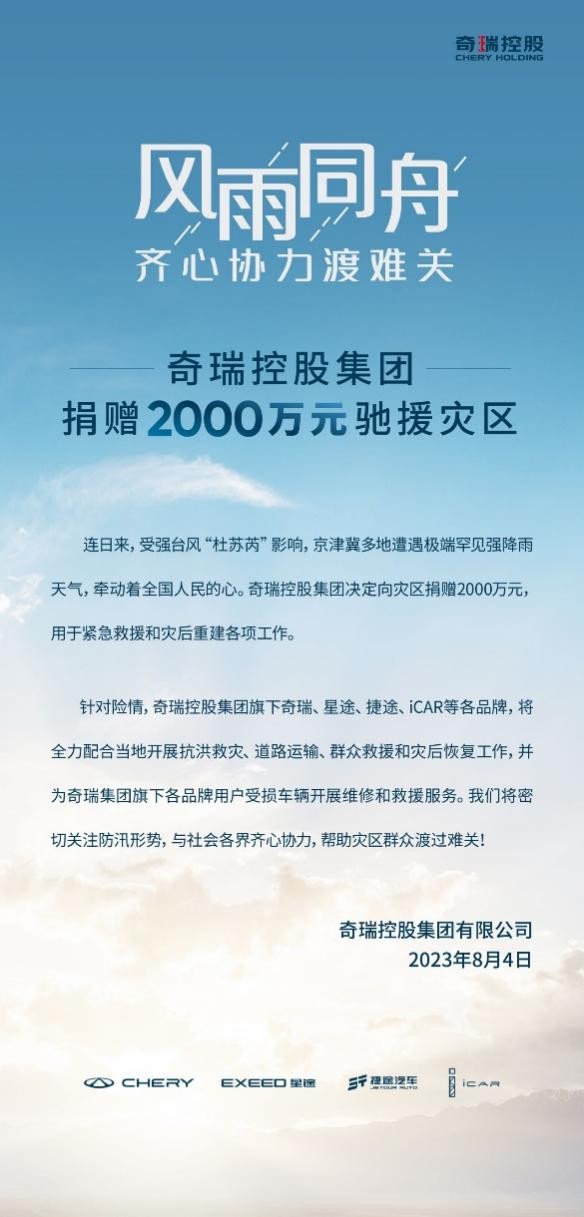 風(fēng)雨同舟 共渡難關(guān)！奇瑞控股集團(tuán)捐贈2000萬元馳援京津冀災(zāi)區(qū)