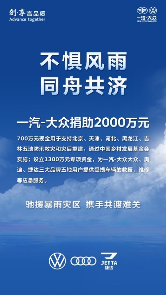 一汽-大众捐助2000万元，驰援防汛救灾工作