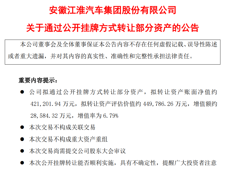 300亿汽车龙头，拟45亿挂牌转让资产！