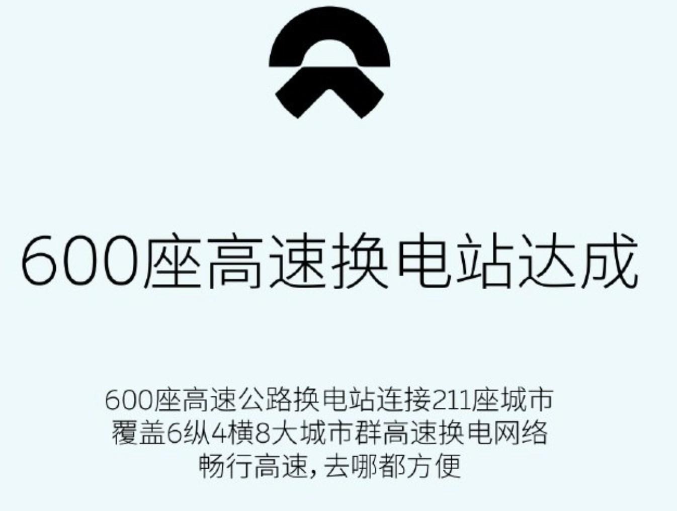 蔚來：累計建成600座高速換電站