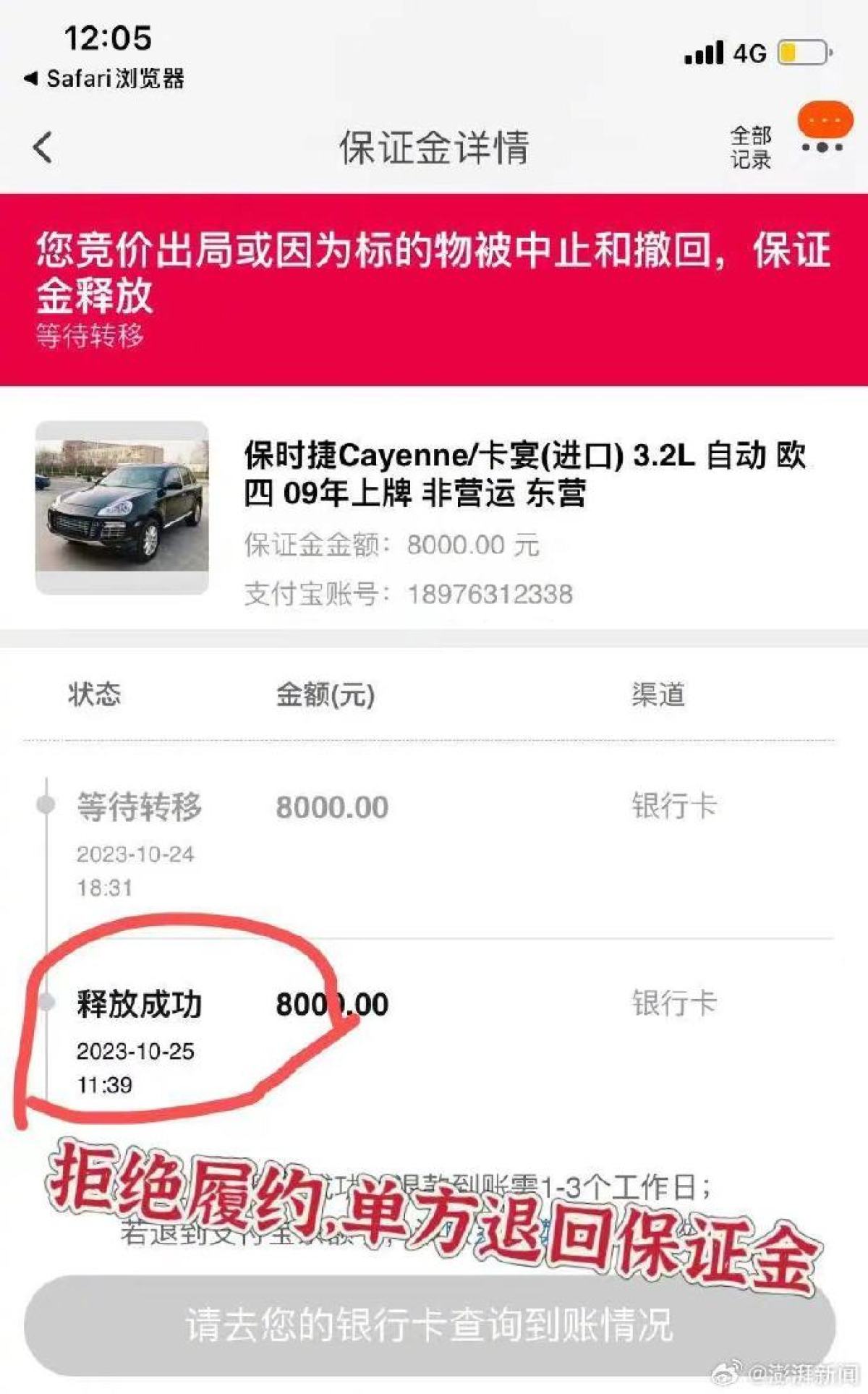 男子千元低价竞拍卡宴汽车平台拒交付