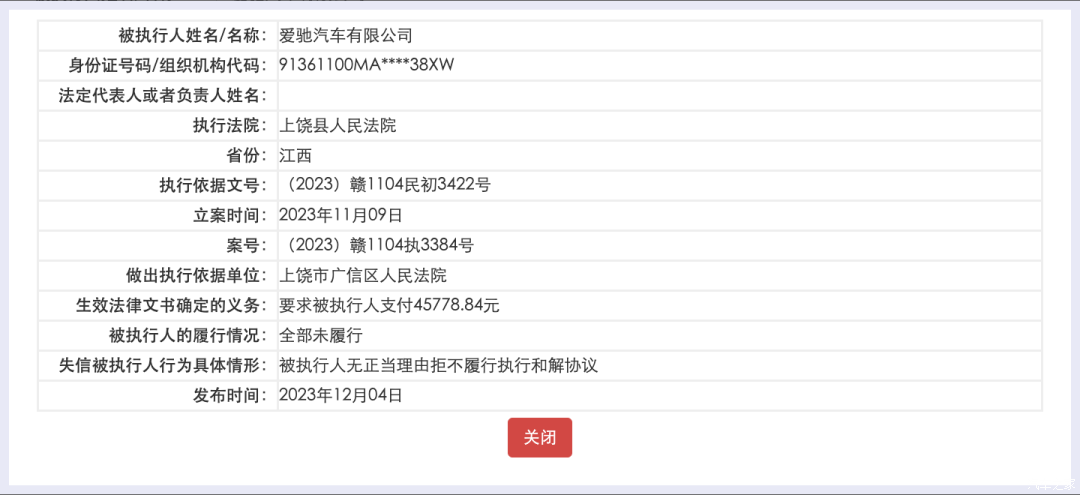 愛馳汽車被列為失信被執(zhí)行人