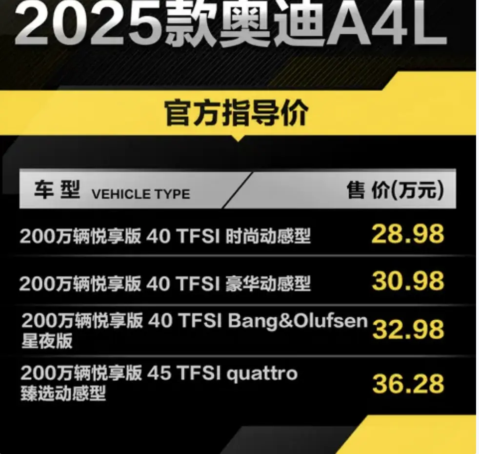 2025款奧迪A4L上市，配置提升，入門車型售價下調3.2萬元