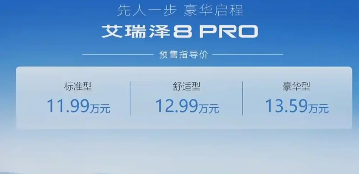 奇瑞艾瑞泽8 PRO开启预售 预售11.99-13.59万元