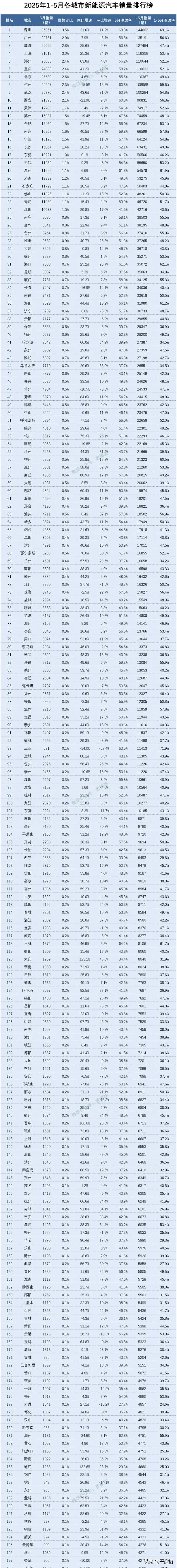 2025年1-5月各城市新能源汽車銷量排行