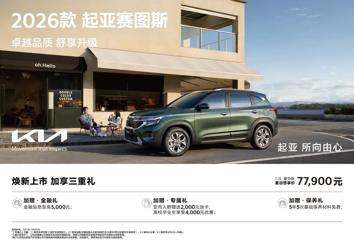 1.5L豪華版夏日悠享價(jià)僅77,900元 2026款起亞賽圖斯領(lǐng)潮上市