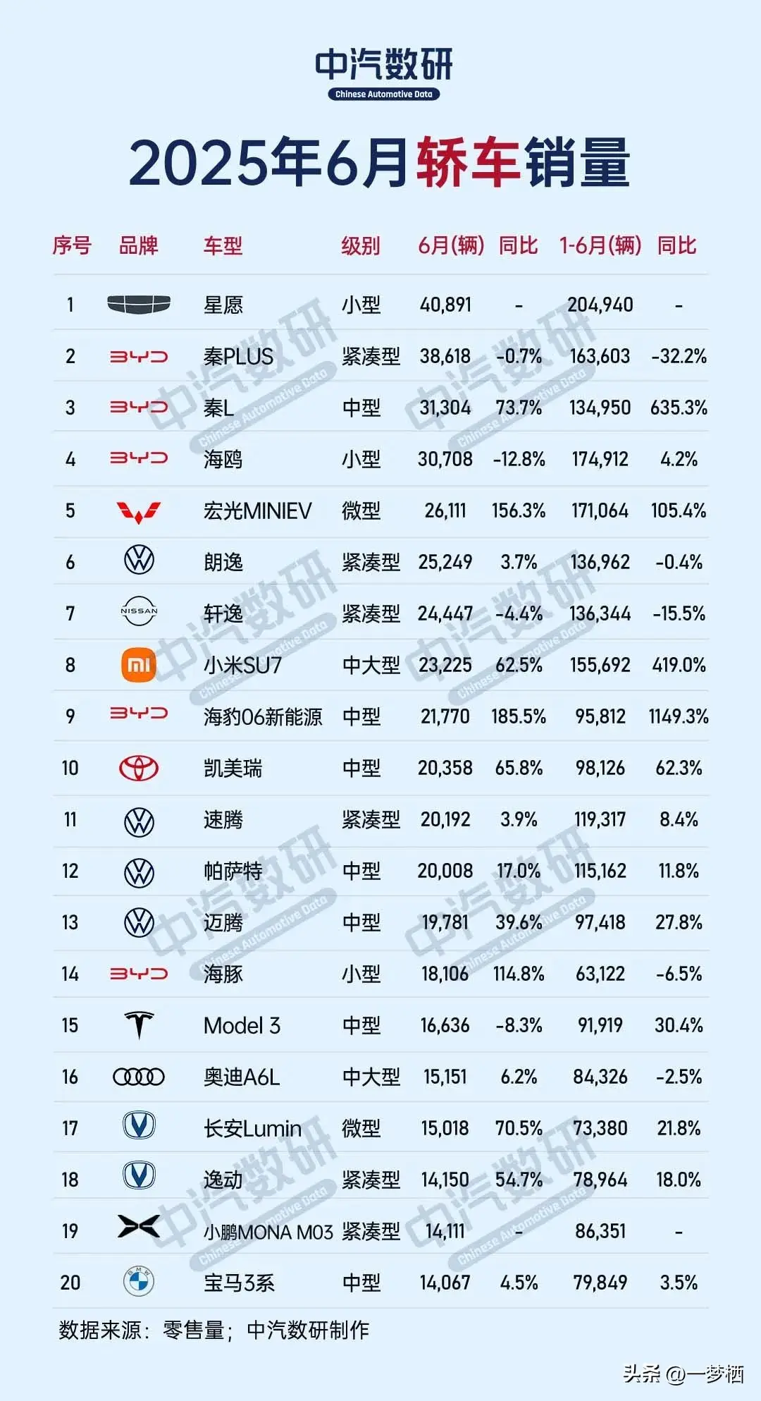 2025年6月轎車/SUV/MPV銷量排行TOP20