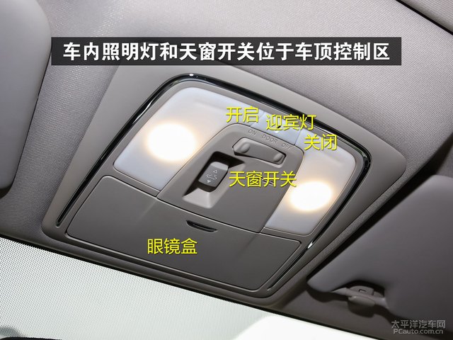 车内照明灯和天窗开关位于车顶控制区