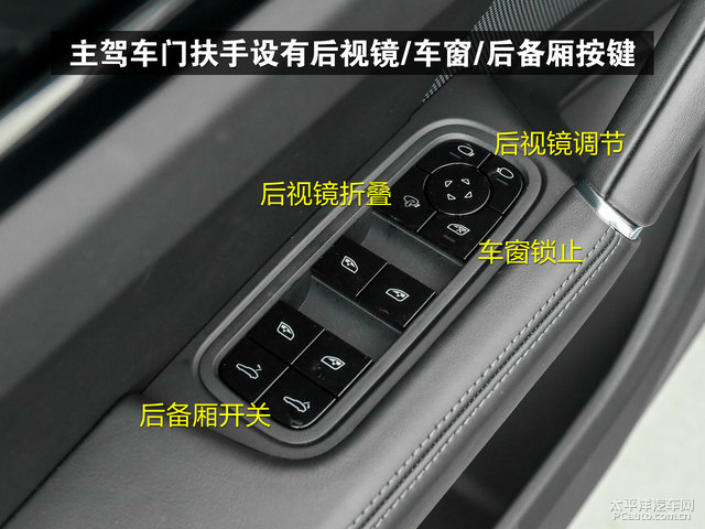 主驾车门扶手设有后视镜/车窗/后备厢按键