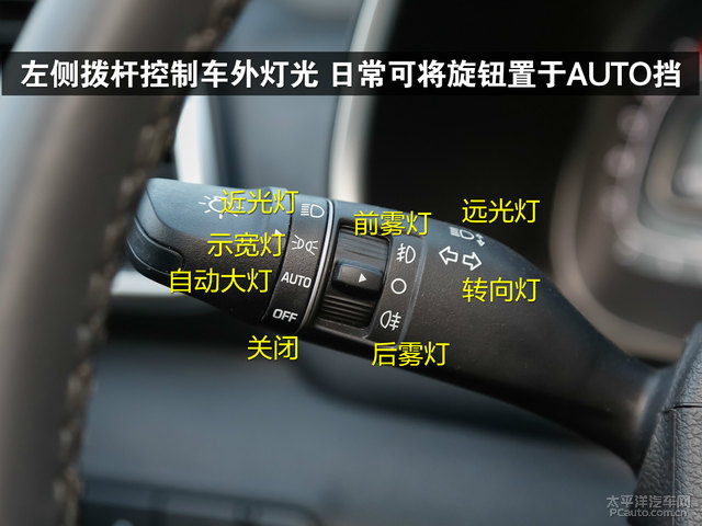 左侧拨杆控制车外灯光日常可将旋钮置于auto挡