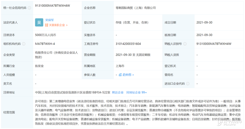 主營汽車/光伏科技 零跑注資5000萬成立新公司