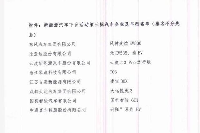 8個(gè)車企9款車型，第三批新能源汽車下鄉(xiāng)名單都在這里了