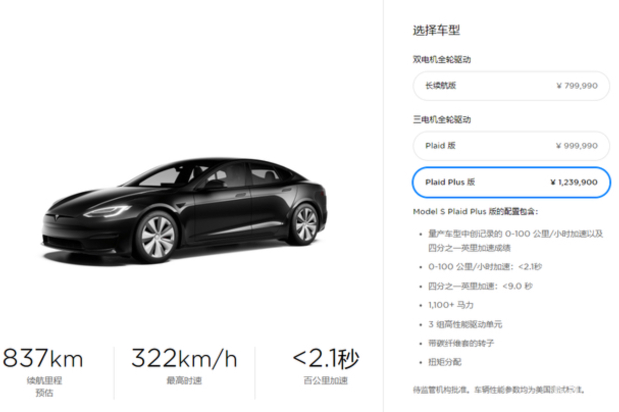 特斯拉Model S Plaid Plus售價上調6.5萬元