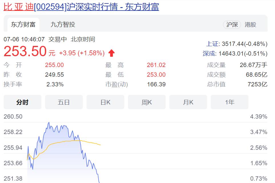 股价大涨4%，比亚迪6月新能源汽车销量创新高，投资者持续热捧