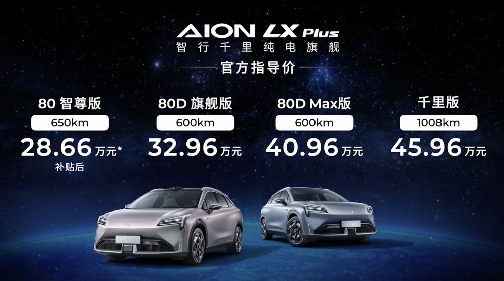 廣汽埃安AION LX Plus上市 續(xù)航最高1008公里