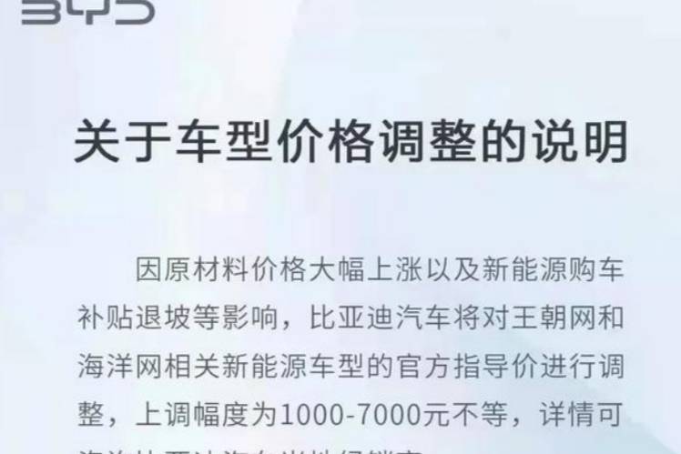 比亚迪上调新能源价格 上调幅度最高为7000元