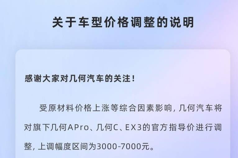 最高漲7000元 幾何汽車再次官宣漲價