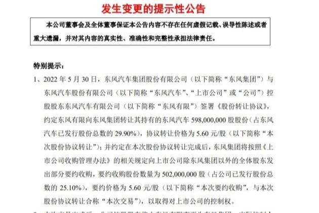 東風汽車發布最新公告 控股股東變更