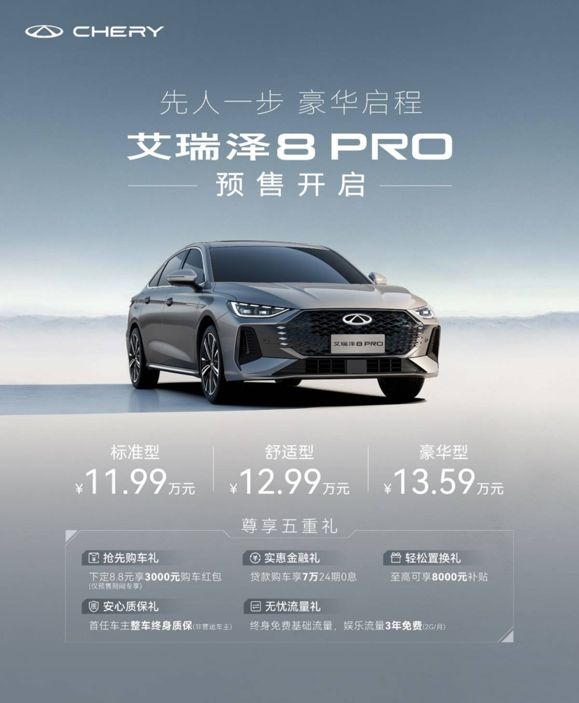 奇瑞艾瑞泽8 PRO预售盛启，11.99万元起还有五重礼