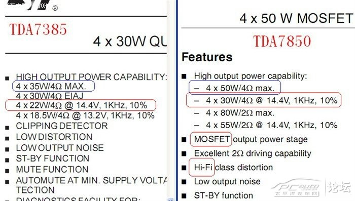 输出功率稍低,我们来看看厂家说明书,比较一下两者参数:tda7850用的