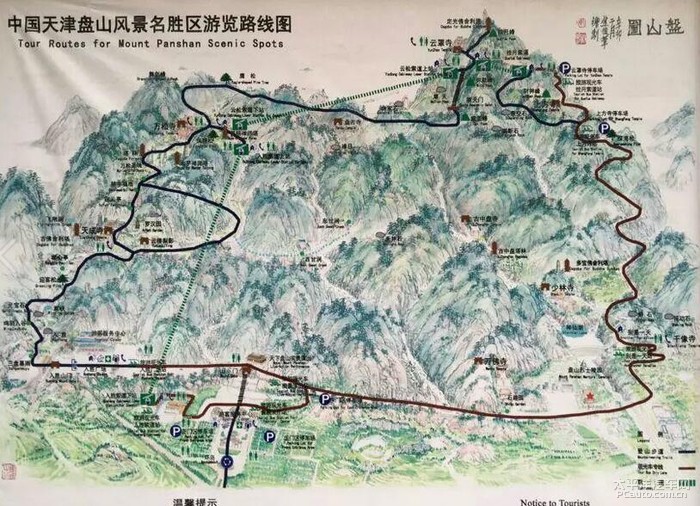 中国天津盘山风景名胜区游览路线图