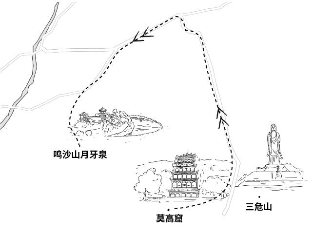 日上三竿再离开景区,休憩准备后绕行至鸣沙山后山,     〈敦煌〉