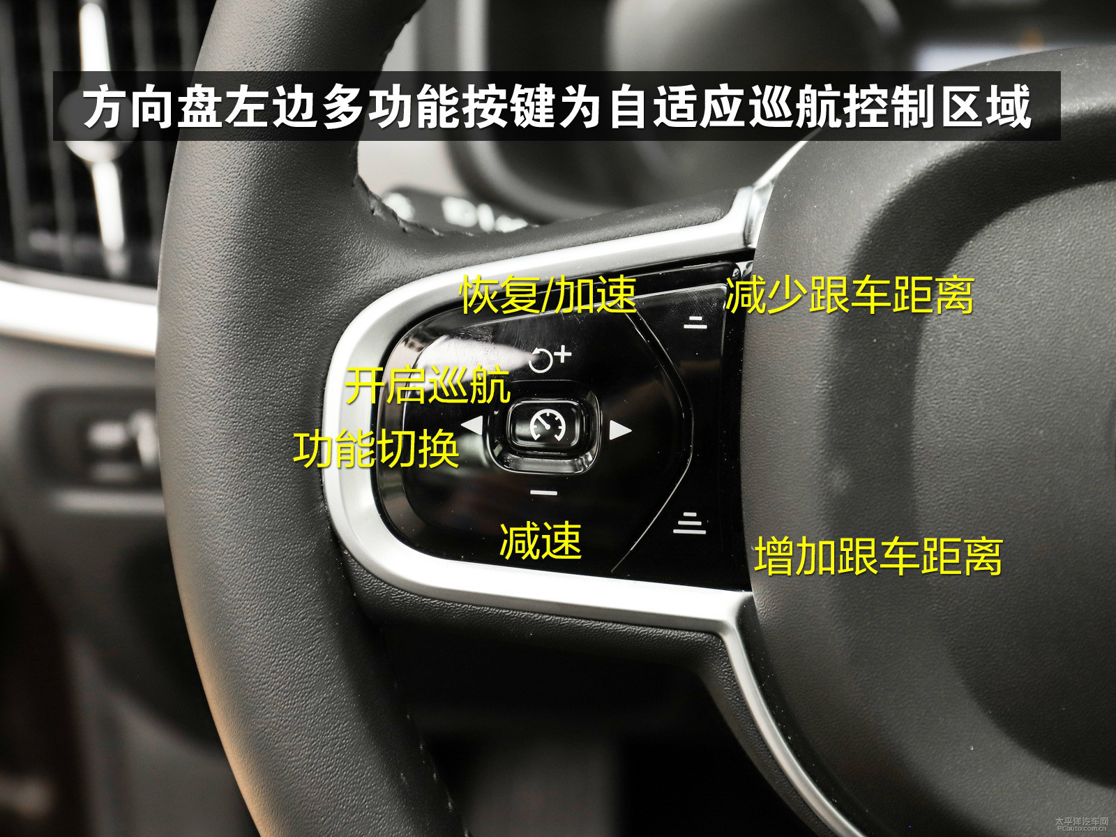 方向盘左边多功能按键为自适应巡航控制区域方向盘右下侧为前后雨刷