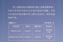 天际ME5价格上涨1万元 5月16日零时生效