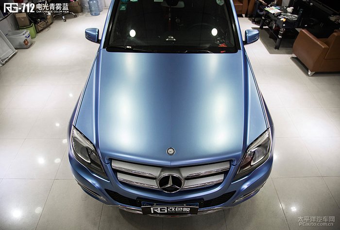 杭州汽车改色,奔驰漆面贴膜,奔驰glk300车身改色电光青雾蓝效果